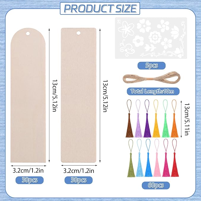 126PCS Bookmark Making Kit, 60 PCS Unfinished Wood Bookmarks with 60 PCS Colorful Tassels 5 Templates Craft and 1 Rope for DIY Crafts, Painting, Father's Day Gift, Birthday Party