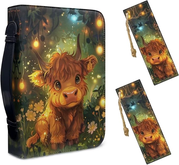 Lotusorchid Highland Cow Faux Leather Bible Cover Church Bible Bag Book Carrying Case with Bookmarks for Women, Girls Bible Protective Cover for Bible Study, Green and Brown, Size L
