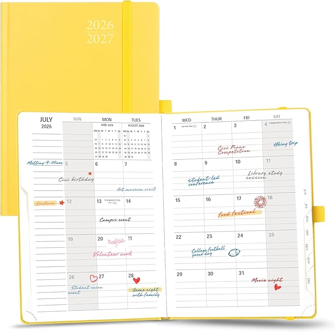 POPRUN Monthly Planner 2026-2027, 6.25" x 8.5", 18 Month (Jul 2026 - Dec 2027) Calendar Book, Academic Calendar Planner with Monthly Tabs, Inner Pocket, Hard Cover, 100GSM Paper - Light Yellow