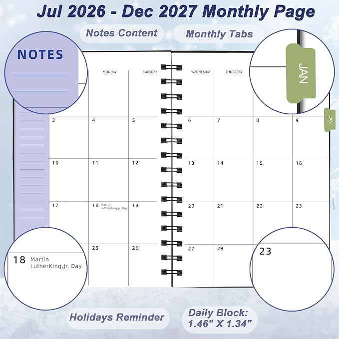 Day Planner 2026-2027, 2026 Weekly and Monthly Planner, Jul 2026-Dec 2027, 18 Month Agenda Planner with Tabs Sticker, A5 Size, Black