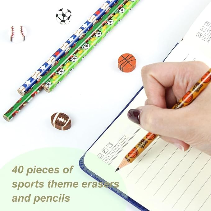 20 Pieces Sport Pencils 20 Pcs Sports Ball Erasers Sets Football Pencils Sports Themed Teachers School Stationery Class Reward