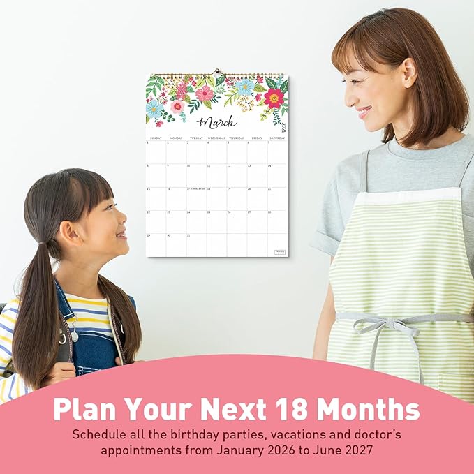 S&O Vertical Floral Wall Calendar from January 2026-June 2027 - Tear-Off Monthly Calendar - 18 Month Academic Wall Planner - Hanging Organizer to Track Anniversaries & Appointments - 13.5"x10.5”in