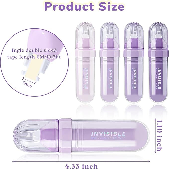Temiary 4 Pcs White Correction Tapes, Beige Core Smooth Pull Out for Writing, Aesthetic Cream Correction Tape Gradient Set, Quick Dry Applicator for Students School Office Supplies (Purple)
