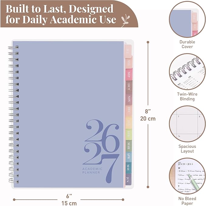 Rileys Academic Planner 2026-2027, Daily, Weekly & Monthly Planner, July 2026 - June 2027, Student Notes Pages, Twin-Wire Binding, Weekly Agenda for School & Work (8 x 6-Inches, Classic, Blue)