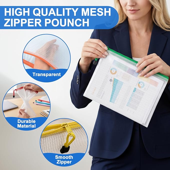 Jumlys 40 Pack Mesh Zipper Pouch Bags, A4 Mesh Bags with Zippers in 8 Color, Waterproof Zip File Folder Pouch for Organization Storage, Letter Size Zippers Bag for Classroom/Home/Office