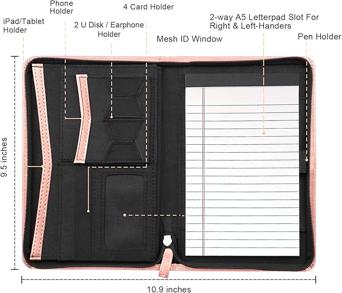 Junior Padfolio/Resume Portfolio Binder with Refillable Lined Notepad, A5 Padfolio Folder, Business Portfolio, Multi-Function Case, A5 Writing Pad Included, Pink.