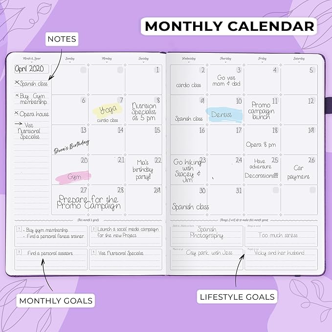 GoGirl Planner PRO Schedule - Undated Planner with Hourly Time Slots, Monthly, Weekly & Daily Organizer, Appointment Book for time Management, 7"x10" Hardcover, Lasts 1 Year - Purple