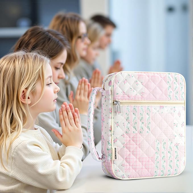 WOBAGMEN Bible Cover Case for Women,Large Bible Tote Bags Organizer Quilted Carrying Case for Girls,Bible Study Supplies Accessories Christian Gifts for Women (Pink Floral pin, L)