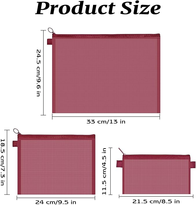 8Pcs Mesh Zipper Pouch Bags, Large Nylon Mesh Pouches for Organization, 3 Sizes Clear Travel Document File Storage Bag for School Office Home Supplies (Red, A4 & A5 & A6)