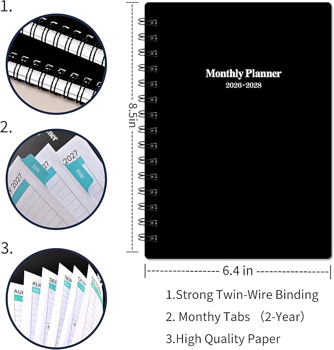 2026-2028 Monthly Planner/Calendar - 6.3" x 8.4"(A5 Size) Small Monthly Planner, Jul. 2026 - Jun. 2028, 2 Year Calendar with 24 Months,Twin-Wire Binding,Tabs, Pocket, Cardboard Cover