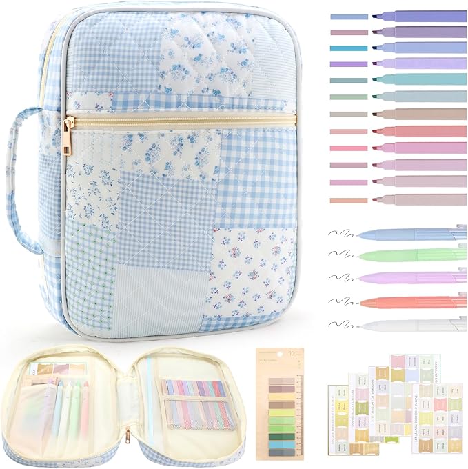 Zkptops Bible Cover Case for Women Large Bible Bag Cotton Quilted Bible Carrying Case with Zipper Pocket and Handle Carrying Book Cover for Christian Study Supplies Christian Gift(Blue Checkered)