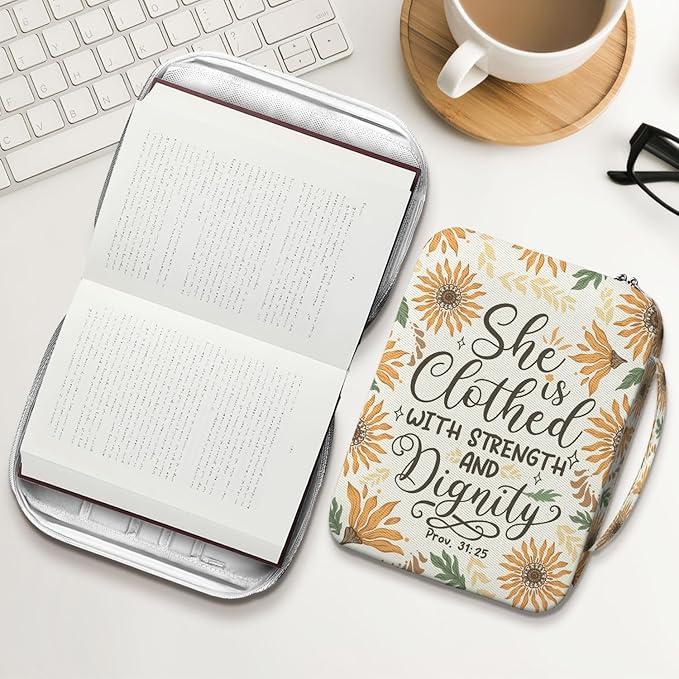 Sunflower Bible Cover for Women with Handle and Zipper, Scripture Verse Proverbs 31 25, Canvas Bible Case, Fits Standard Size Bible, Christian Gift for Mom Girls Bible Study Church Use