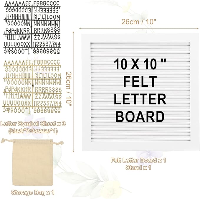 PATIKIL Felt Letter Board, 10x10Inches White Wooden Changeable Message Board with Storage Bag Stand for Kitchen Menu Classroom Farmhouse Decor Notes, Black Bronze