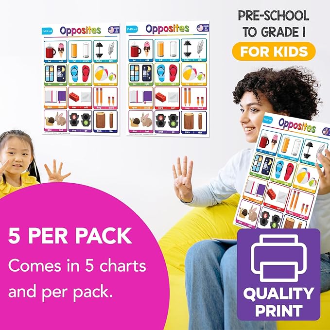 Opposites Chart for Preschool to Grade 1 Kids – Bright and Colorful Educational Visual/Learning Aid Poster Decoration for Classroom or Home | Glossy Durable Cardstock | 8.5" x 11" | 5 per Pack