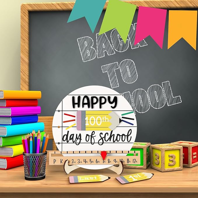 Kosiz Pencil First and Last Day of School Sign Back to School Board Gifts Round Wooden First Day of Sign Reusable Dry Erase 8''