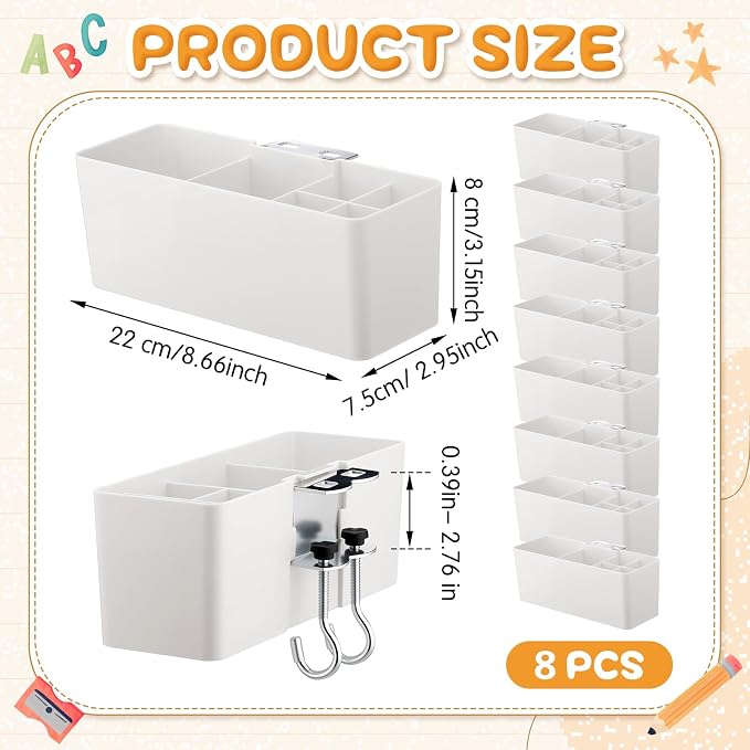 Reallnaive 8 Pcs Desk Side Storage for Classroom Side Desk Organizer Back to School Gift No Drill Holder Clamp Plastic Desks Organizer for Table Chair to Hold Pen Phone Notebook for Office Classroom