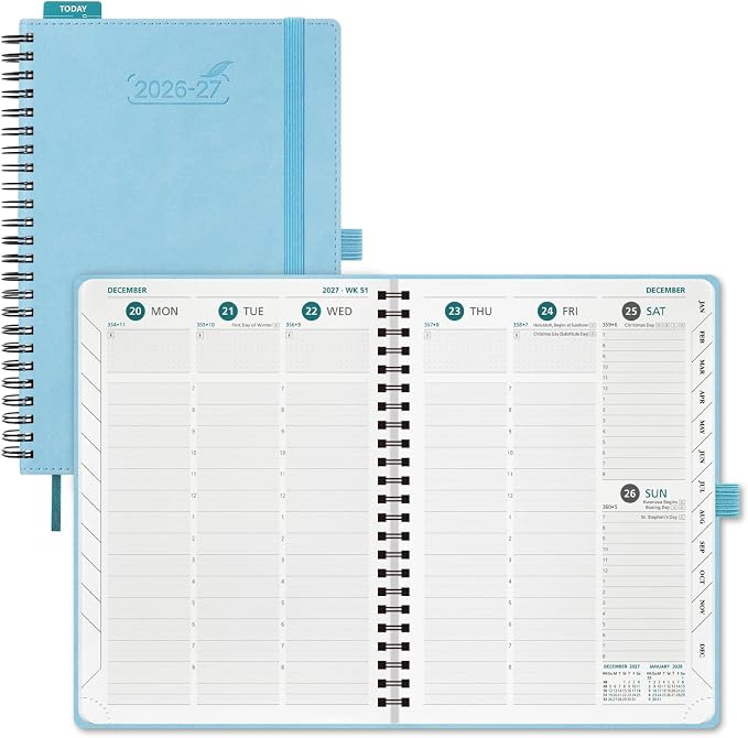 BEZEND Weekly Planner 2026-2027 (6" x 8.5") with Hourly Timeslots (Jul 26-Dec 27) 18 Months Academic Calendar & Monthly Tabs, for Students, Work & Home, Spiral PU Leather Softcover -Sky Blue
