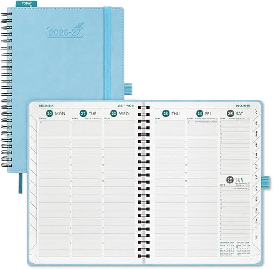BEZEND Weekly Planner 2026-2027 (6" x 8.5") with Hourly Timeslots (Jul 26-Dec 27) 18 Months Academic Calendar & Monthly Tabs, for Students, Work & Home, Spiral PU Leather Softcover -Sky Blue