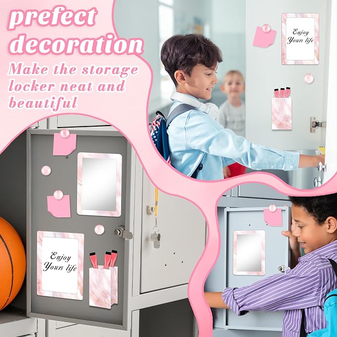 Denylo pro Magnetic Locker Marble Accessories Kit Pink Back to School Essentials Locker Organizer Supplies Include Mirror Whiteboard Pen with Holder Magnet Magnetic Buckle Back to School Essentials