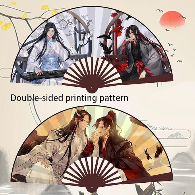 Demonic Hand Held Bamboo Silk Folding Fan Hand Fan Mo Dao Zu Shi Metal Bookmark for Women Men Fans 2 Pcs