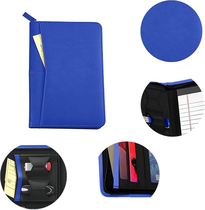 Lcjtop Junior Business Padfolio - A5 PU Leather Portfolio Binder & Zippered Binder Folder with 5 x 8 Writing Pad and Interior Storage Pocket Executive Business Organizer for Men Women,Royal Blue