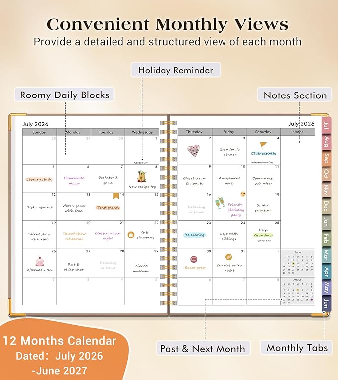 Academic Planner 2026-2027, Hardcover Weekly and Monthly Calendar Planner from July 2026 - June 2027, 6.1" x 8.2" A5 Daily Agenda with Tabs, College School Organizer for Student Teacher, Boho Sun & Moon