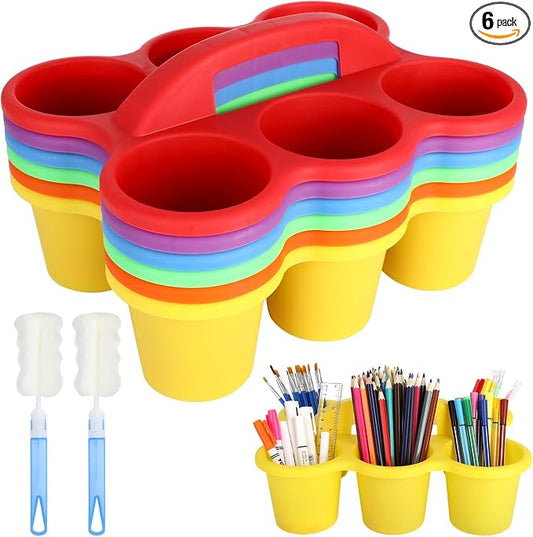 6 Pack Classroom Caddy Organizer with Handle, Plastic Art Caddy, Drink Cup Caddies Holder, 6 Compartments for Desk, Table, Office, Crafts, Crayon, Marker, Pencil, School Supplies (12 x 9 x 3.5 Inch)