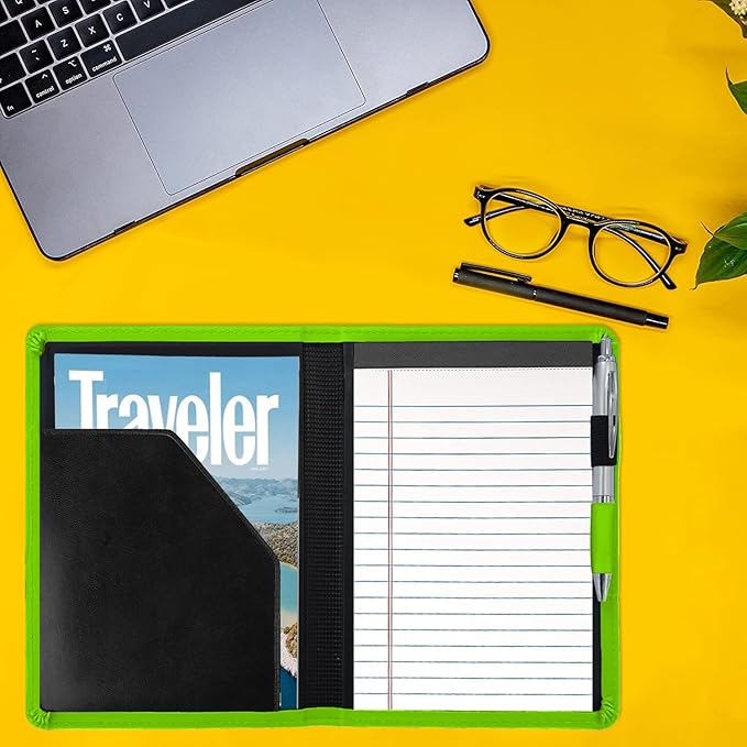 A5 Padfolio Business Portfolio Folder,Junior Size Document Folder Organizer, Padfolio with Interior Pocket and Pen Loop, 5 x 8 Writing Pad Included. Green