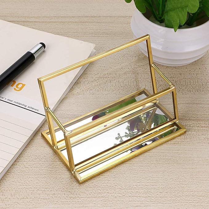 Hipiwe Glass Business Card Holder Stand - Vintage Gold Metal Name Card Display Stand Office Desktop Countertop Business Card Organizer