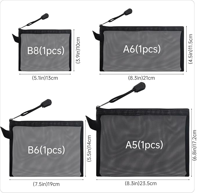 4 Sizes Mesh Pouch, Nylon Mesh Bags With Zipper, Waterproof Clear Purse Organizer Pouches for Travel, Multipurpose Cosmetic Pouch for Office School Puzzles Home Organization - Black