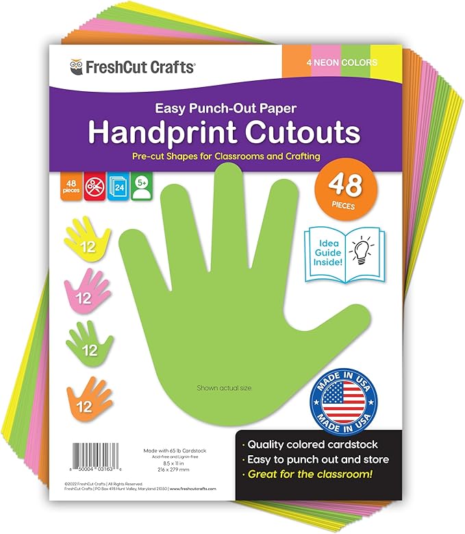 48 Piece Handprint Neon Cutouts with IDEA Guide, US Made 2-Sided Brightly Colored Card Stock Punch Out Handprint Paper Accents for Bulletin Boards, Classroom Decor, Back to School & DIY Crafting