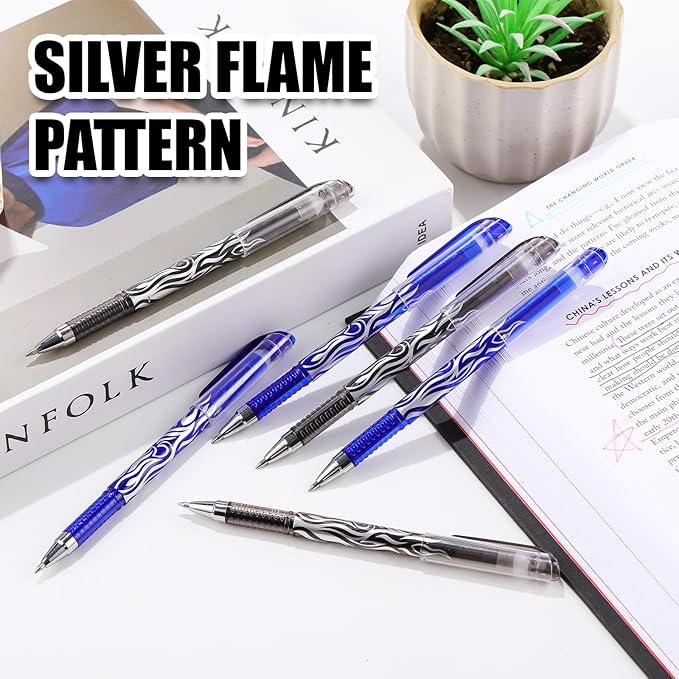 RIANCY 8 Pack 4 Black 4 Blue Ink Erasable Gel Pens, 0.5mm Fine Point, Flame Patterned Barrel, Comfortable Grip, with Eraser, Ideal for Journaling, School Work, Office Tasks, Note Taking, DIY Projects