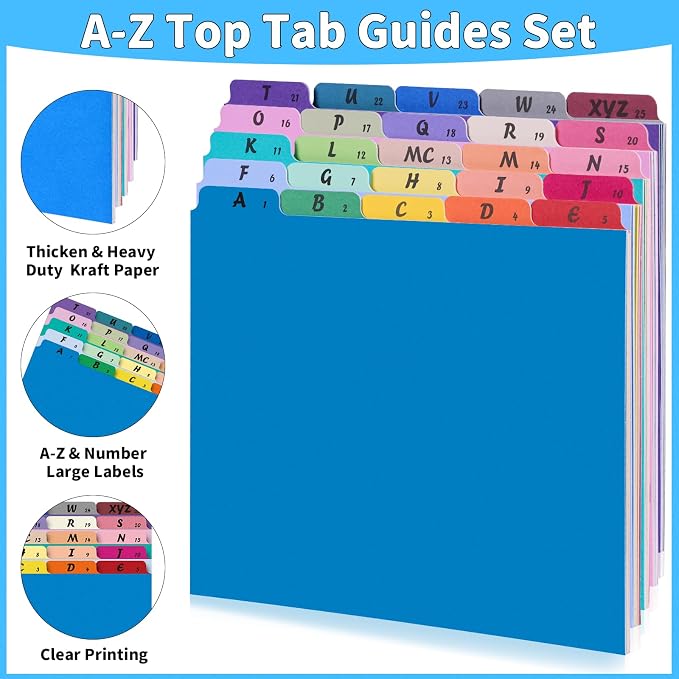2 Set 50 Pcs Alphabetical File Organizer 25 Colors A-Z Top Tab Alphabet File Cabinet Dividers Letter-Size 1/5 Cut Tab File Folder Guide 500 GSM Heavyweight Manila Cardboard for Office Home School Desk