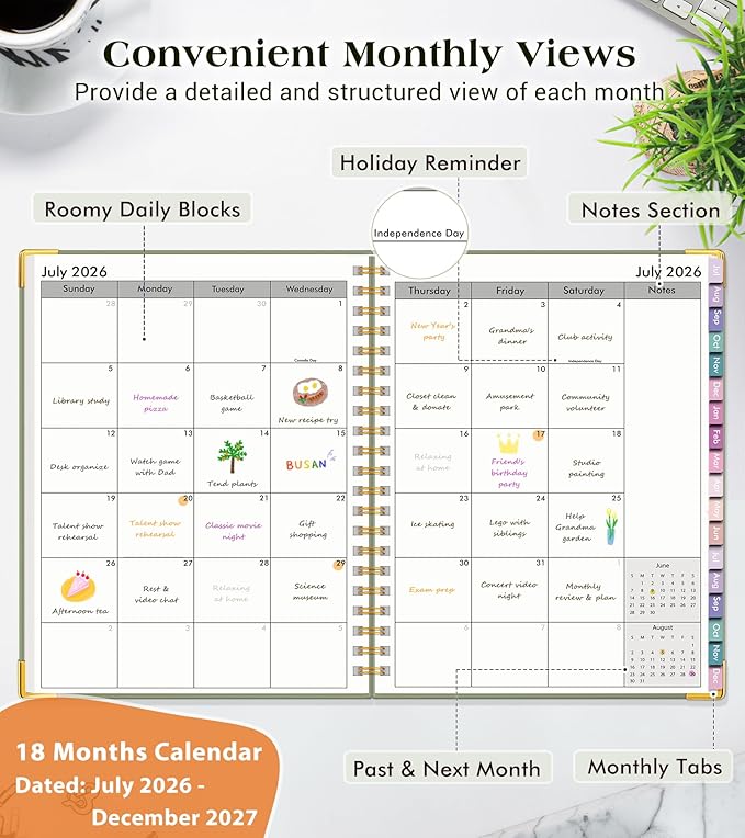 Academic Planner 2026-2027, 18 Months Weekly and Monthly Hardcover Planner, July 2026 - December 2027, 8.5" x 11" A4 Large Daily Calendar Planner Book with Tabs, Spiral College School Agenda Organizer for Student Teacher, Green