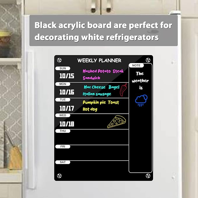 Kamehame Weekly Dry Erase Board for Refrigerator, Magnetic Weekly Calendar for Fridge, Black Acrylic Note Board, Planner Schedule Board, Double-Sided Use