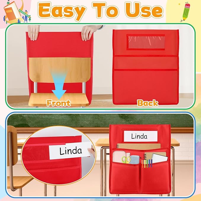 gisgfim 12 Pcs Chair Pockets for Classroom 19 x 17 inch Seat Sacks for Classroom Chairback Pocket Chart 3 Pockets Chairs Seat Back Organizer with Name Tag for School Home Classroom Supplies(Colorful)