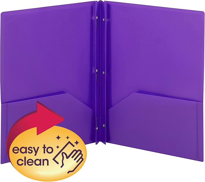 Smead Poly Two-Pocket Folder, Three-Hole Punch Prong Fasteners, Letter Size, Purple, 3 per Pack (87734)