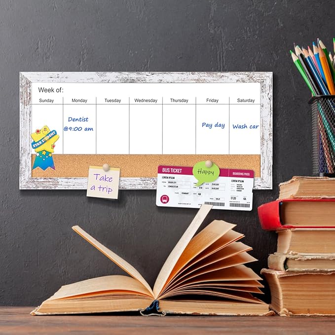 Magnetic Weekly Dry Erase White Board and Cork Board, White Wood Frame，Magnetic Surface Whiteboard for Home Office and Wall Decor(ZHZL-2040WH)