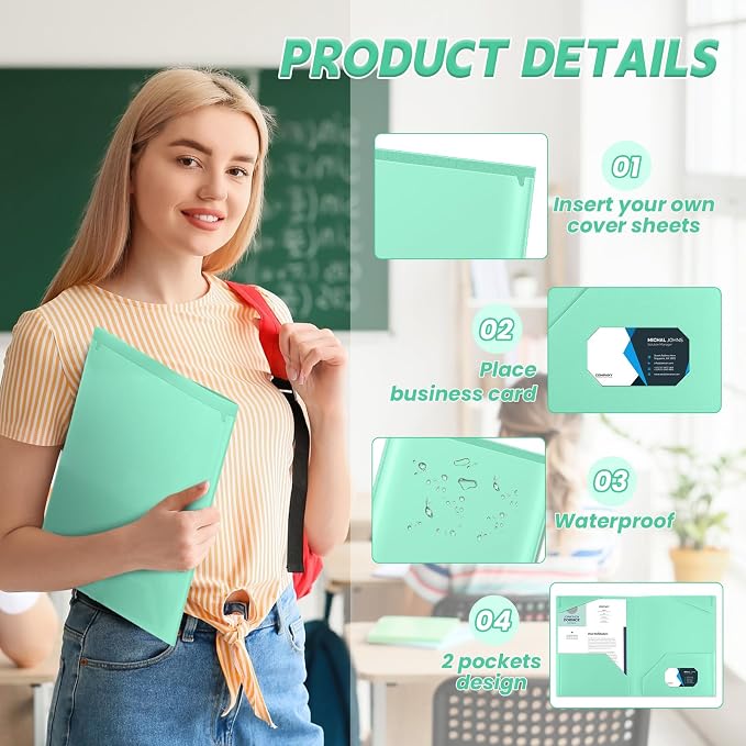 Henoyso 36 Pack Light Green Plastic Folders with Clear Front Pockets Heavy Duty File Folders with 2 Pockets and Card Slot for Student Communication School Office Presentation Report