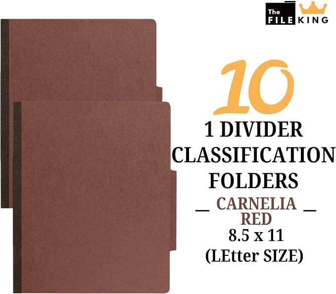 The File King One Divider Brick Red Pressboard Classification File Folder - Letter Size | Box of 10 | Top Tab | 2” Expansion | Four 2-Inch Durable Fastener Prongs | USA Made