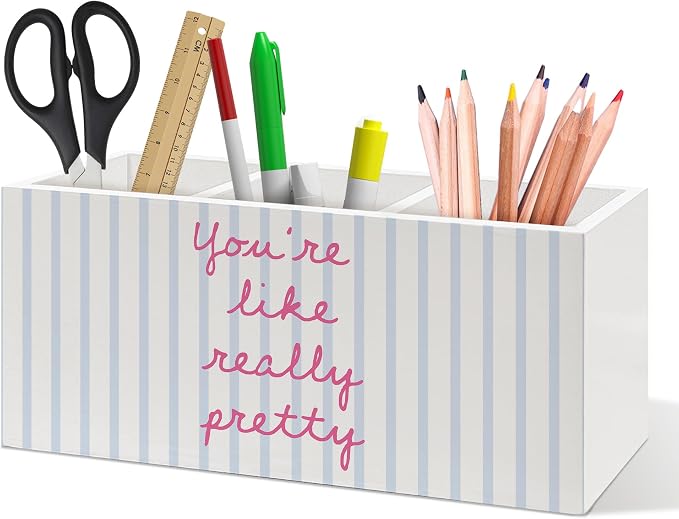 Inspirational Pen Holder, Positive Affirmations Office Pen Pencil Holder Organizer for Desk Accessories, Preppy Striped Wooden Box Desk Decor for Girls Room Bedroom Dorm Desk Decorations
