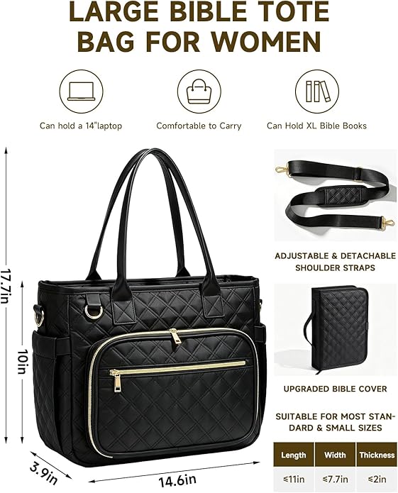 Bible Bag with Bible Cover Case for Women, Large Quilted Bible Tote Bag with Shoulder Strap