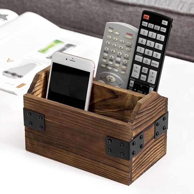 MyGift Wood TV Remote Control Holder, Remote Organizer Storage Caddy for Table with 2 Compartments and Decorative Black Metal Wrap Accents, Rustic Burnt