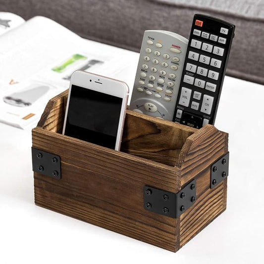 MyGift Wood TV Remote Control Holder, Remote Organizer Storage Caddy for Table with 2 Compartments and Decorative Black Metal Wrap Accents, Rustic Burnt