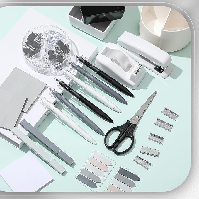 Kosiz 27 Pcs Black White Desk Accessories Gift for Aesthetic Desk Organizer Neutral Office Supplies Pen Holder Stapler Binder Sticky Notes Paper Clips Scissor Staples for Back to School(Classics)