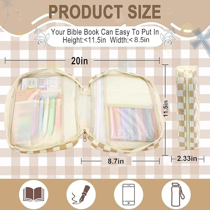Zkptops Bible Cover Case for Women Girls Large Bible Bag Cotton Quilted Checkered Bible Carrying Case with Zipper Pocket and Handle Carrying Book Cover for Christian Study Supplies Christian Gift