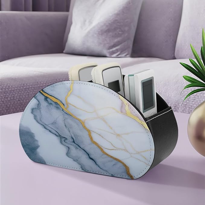 White Gold Marble Texture Remote Control Holder with 5 Compartments Leather TV Remote Caddy Remote Storage Box Desktop Organizer for Pen/TV Remotes/Media Controllers/Office Supplies