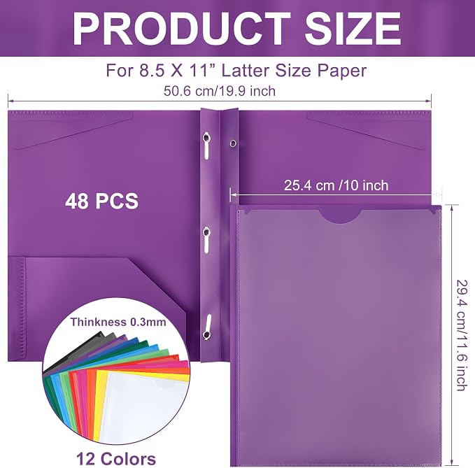 Tenceur 48 Pack Plastic Folders with 3 Prongs Bulk Heavy Duty Folders with Clear Front Pockets and Card Slots with Fasteners Fit Letter-Size Papers for Work School Office (Mix Colors)