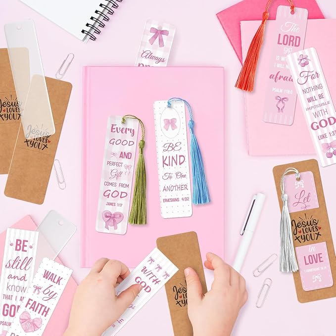 Haooryx Pink Bow Bible DIY Bookmark - 96Pcs Pink Christian Bible Verse Tassel DIY Bookmark UV DTF Transfer Sticker Blank Transparent Rectangle Acrylic Book Marker Kids DIY Crafts Kit Birthday Gift Tag