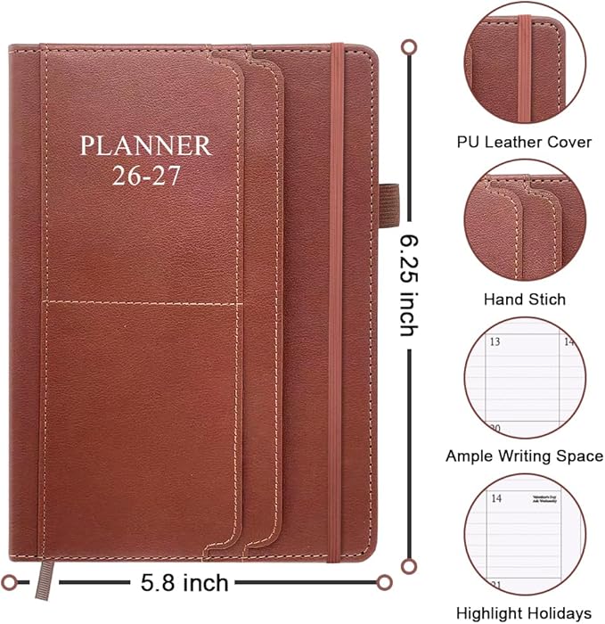 2026-2027 Planner - Weekly & Monthly Planner Runs from July 2026 to Dec 2027, 5.8" x 8.25", 18 Month Planners, 14 Notes Pages, Inner Pocket, PU Leather Hard Cover, Brown Monthly Planners 2026-2027